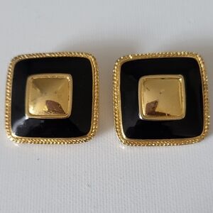 Vintage Premier USA Bold Black & Goldtone Enamel Clip-on Earrings